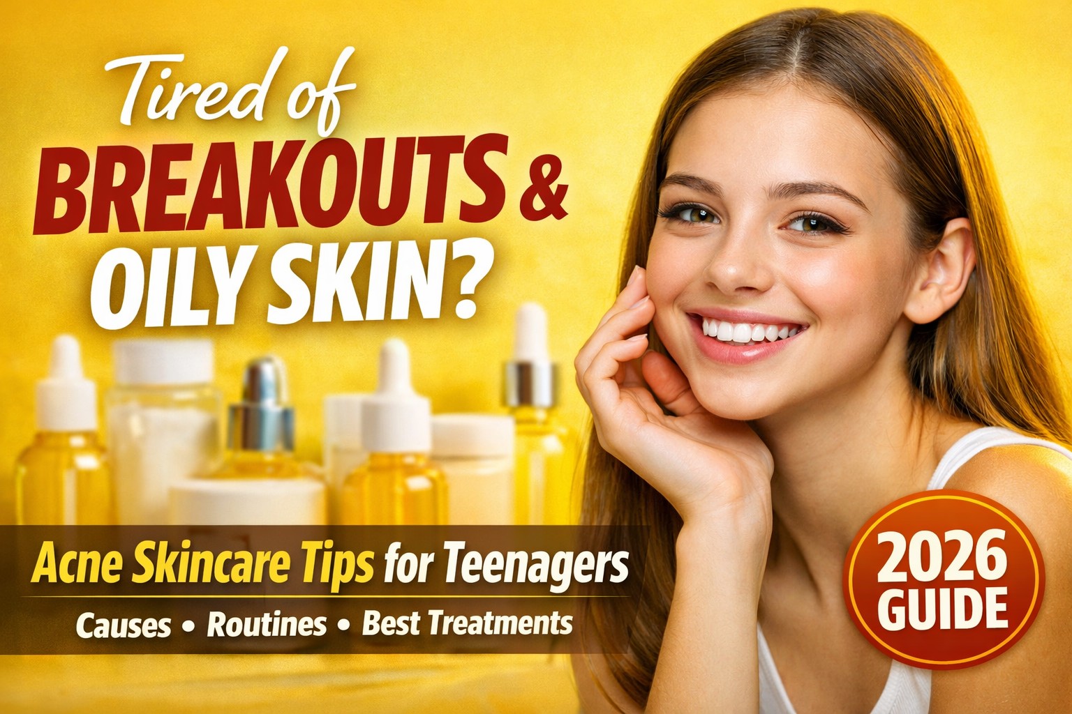 Teenager with clear glowing skin surrounded by skincare products — acne skincare tips guide for teenagers 2026