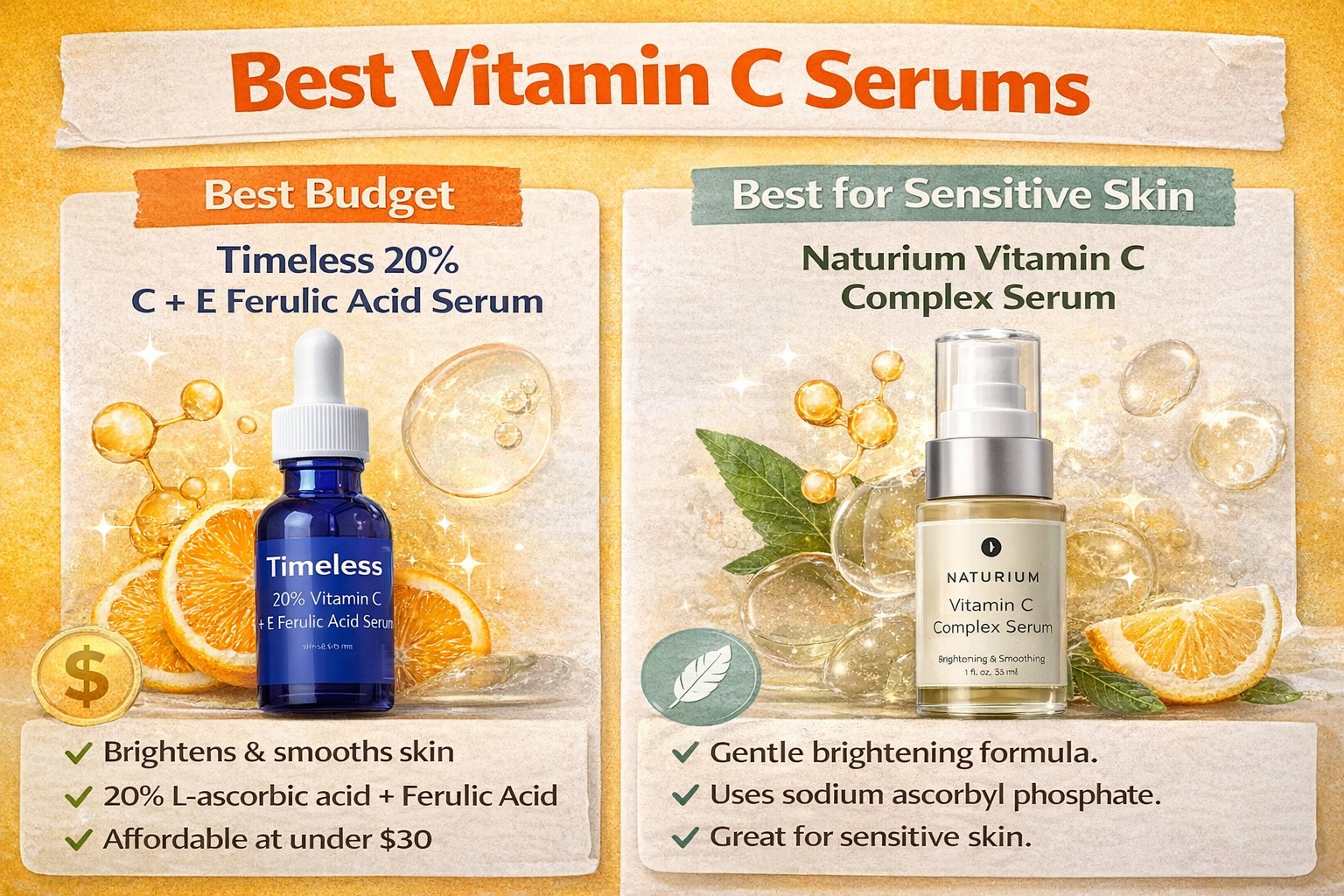 Timeless 20% vitamin C serum and Naturium vitamin C complex serum side by side — best budget and sensitive skin vitamin C serums compared