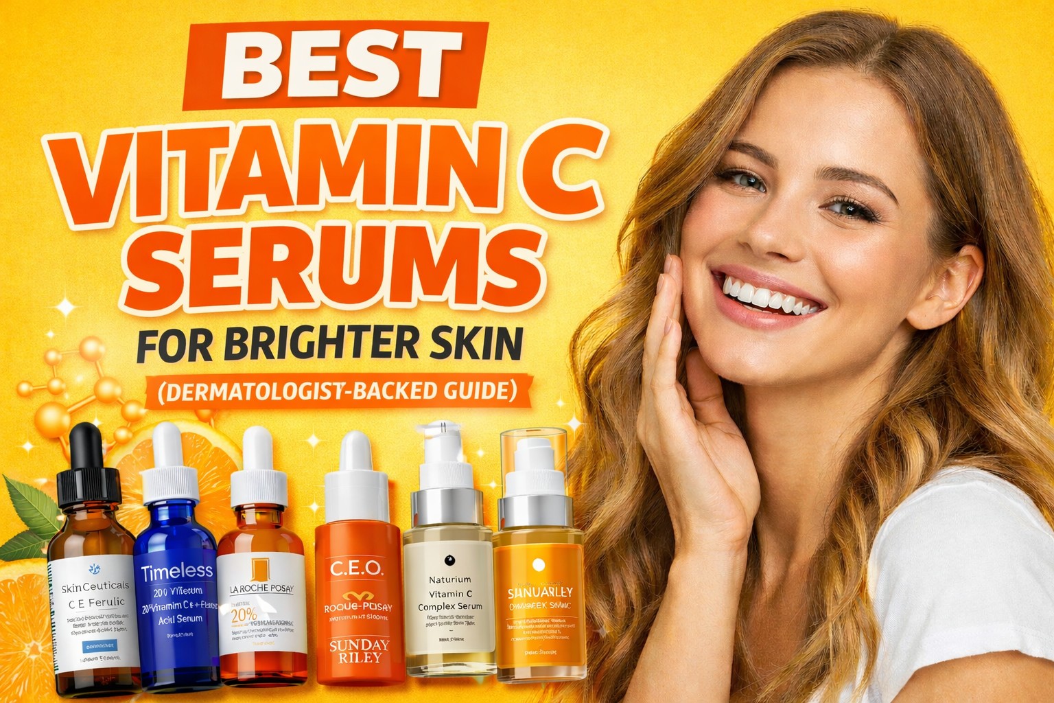 Best vitamin C serums for brighter skin — product lineup featuring SkinCeuticals, Timeless, Naturium, La Roche-Posay, and Sunday Riley vitamin C serums