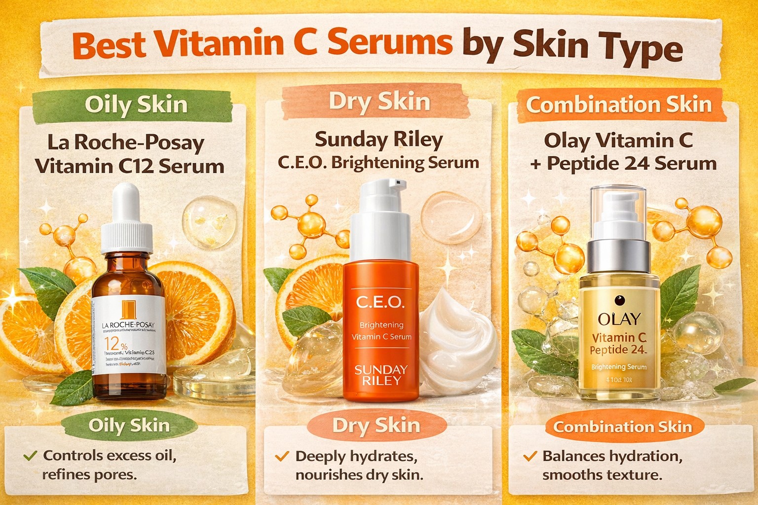 Best vitamin C serums by skin type — La Roche-Posay for oily skin, Sunday Riley CEO for dry skin, and Olay for combination skin compared side by side