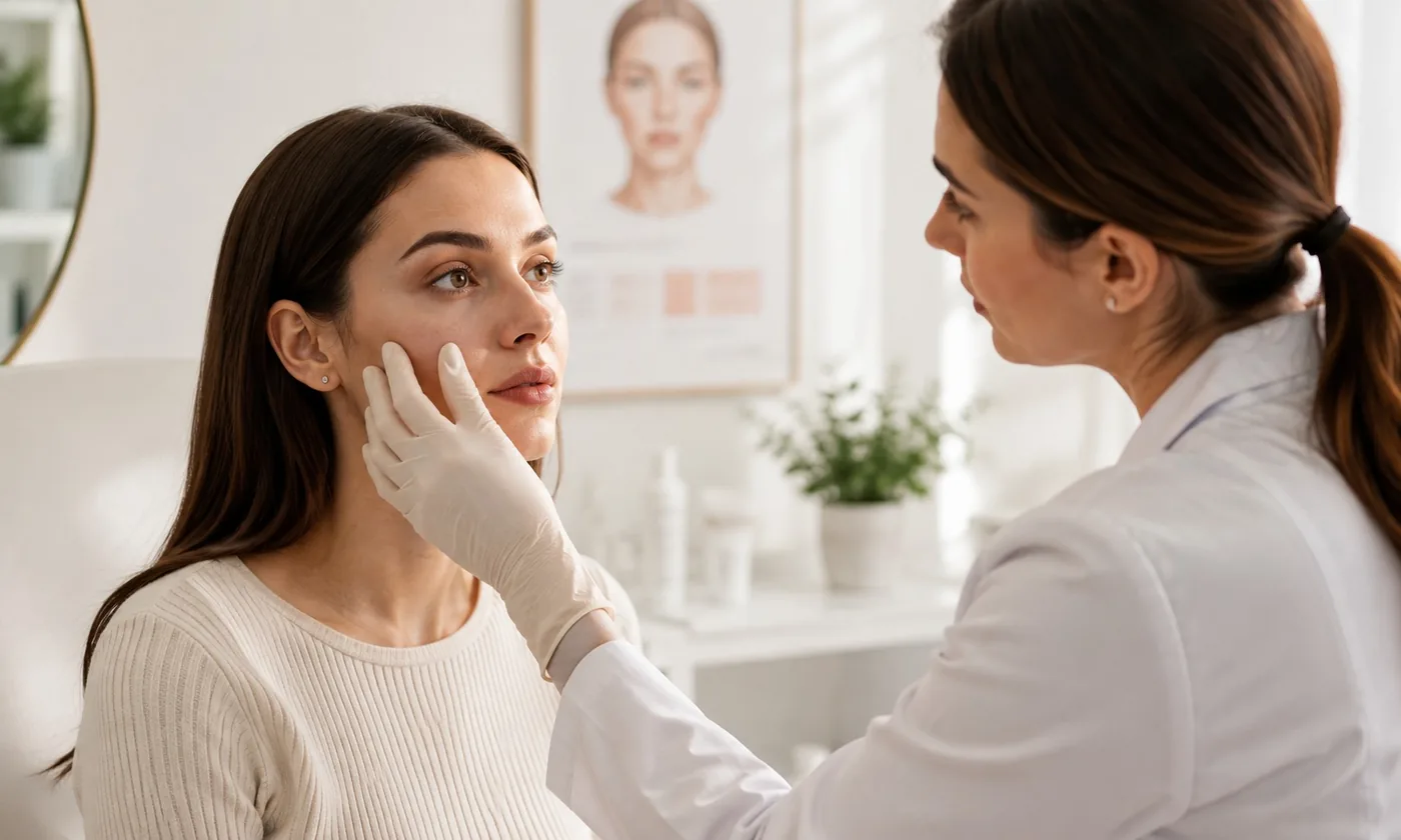 Dermatologist examining a patient's under-eye area in a clinic