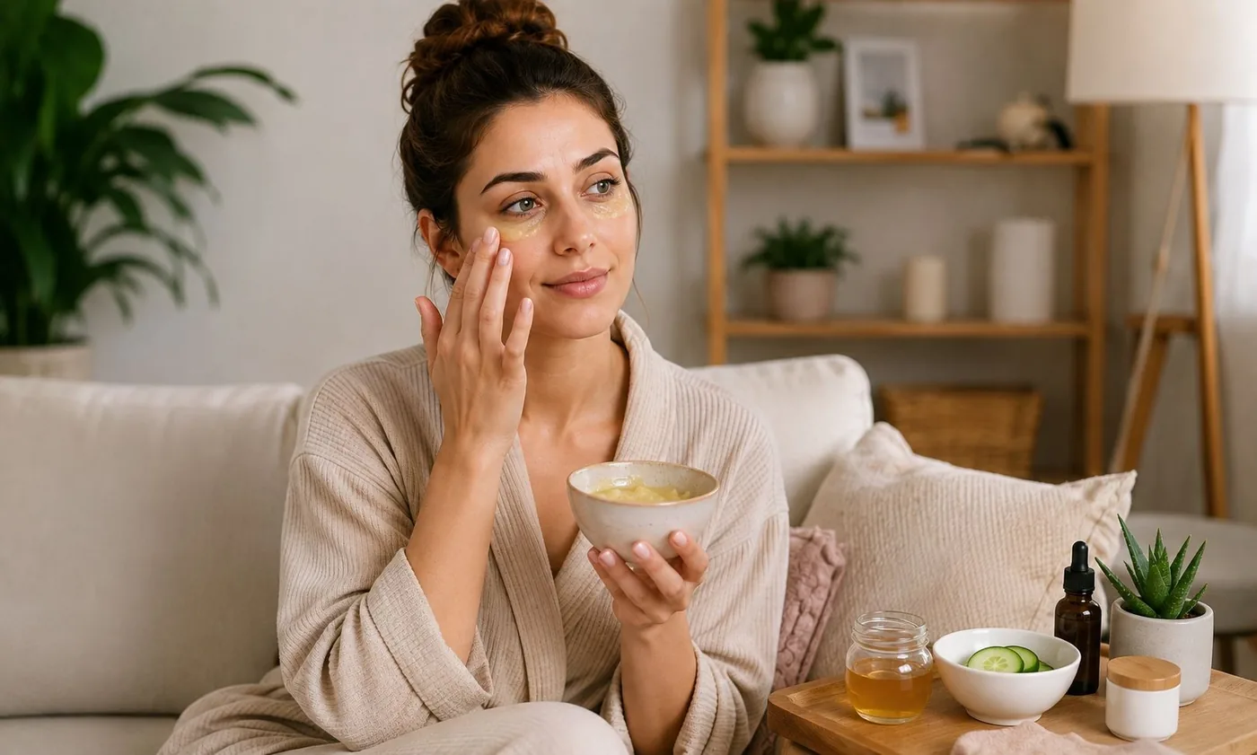 Woman applying under-eye patches on a couch beside skincare products
