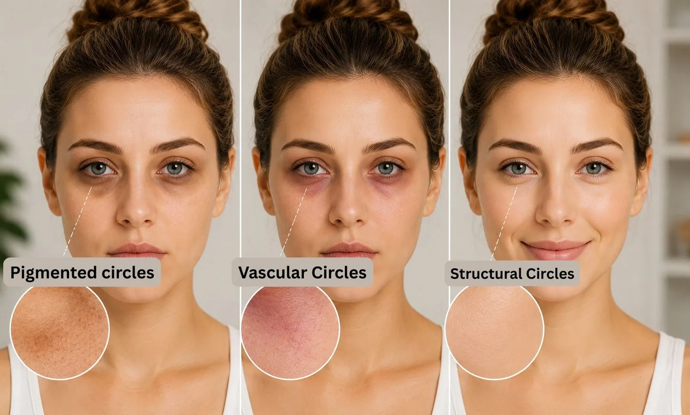 Side-by-side comparison of pigmented circles, vascular circles and structural circles under the eyes