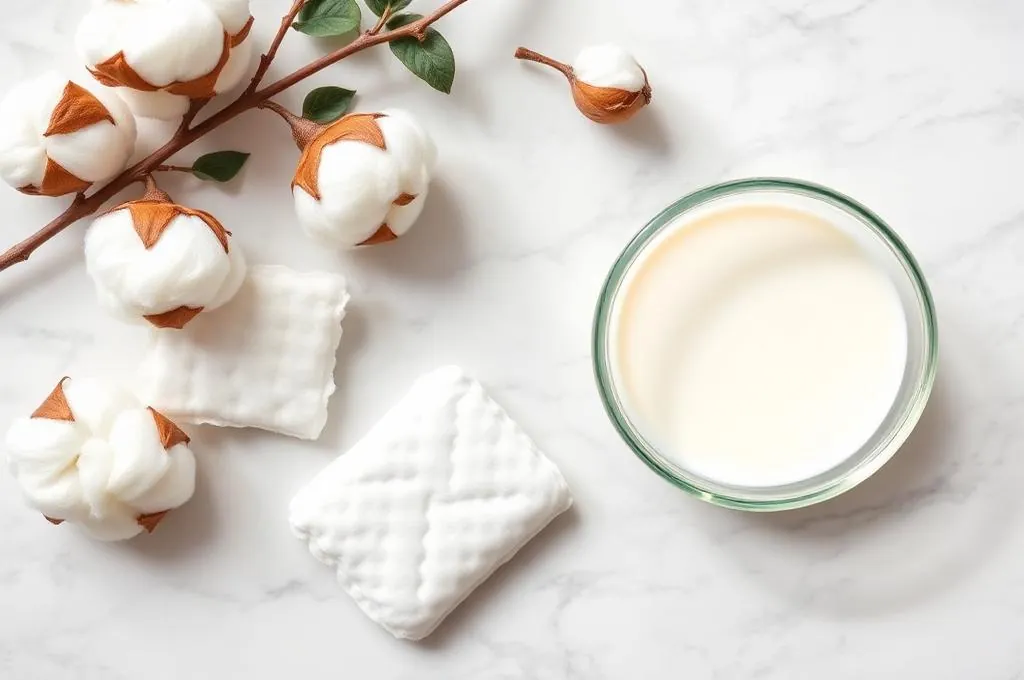 Cotton pads and a glass bowl of raw milk for natural face cleansing on a marble surface