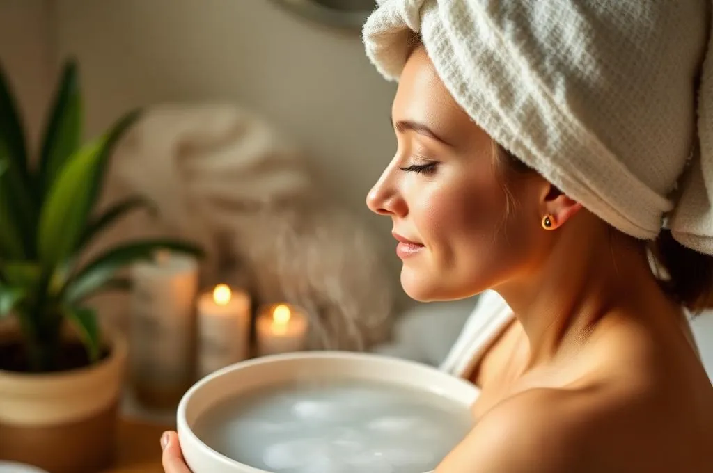 Woman doing facial steaming over a bowl of hot water with a towel wrapped around her head in a spa-like home setting