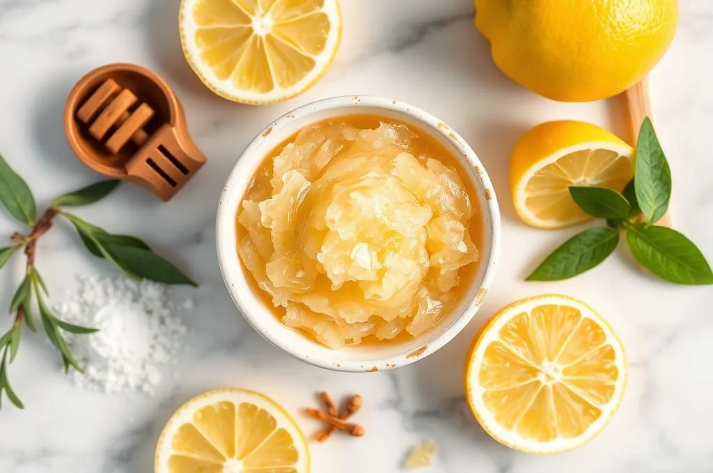 Homemade sugar honey and lemon face scrub in a bowl with natural ingredients on marble countertop