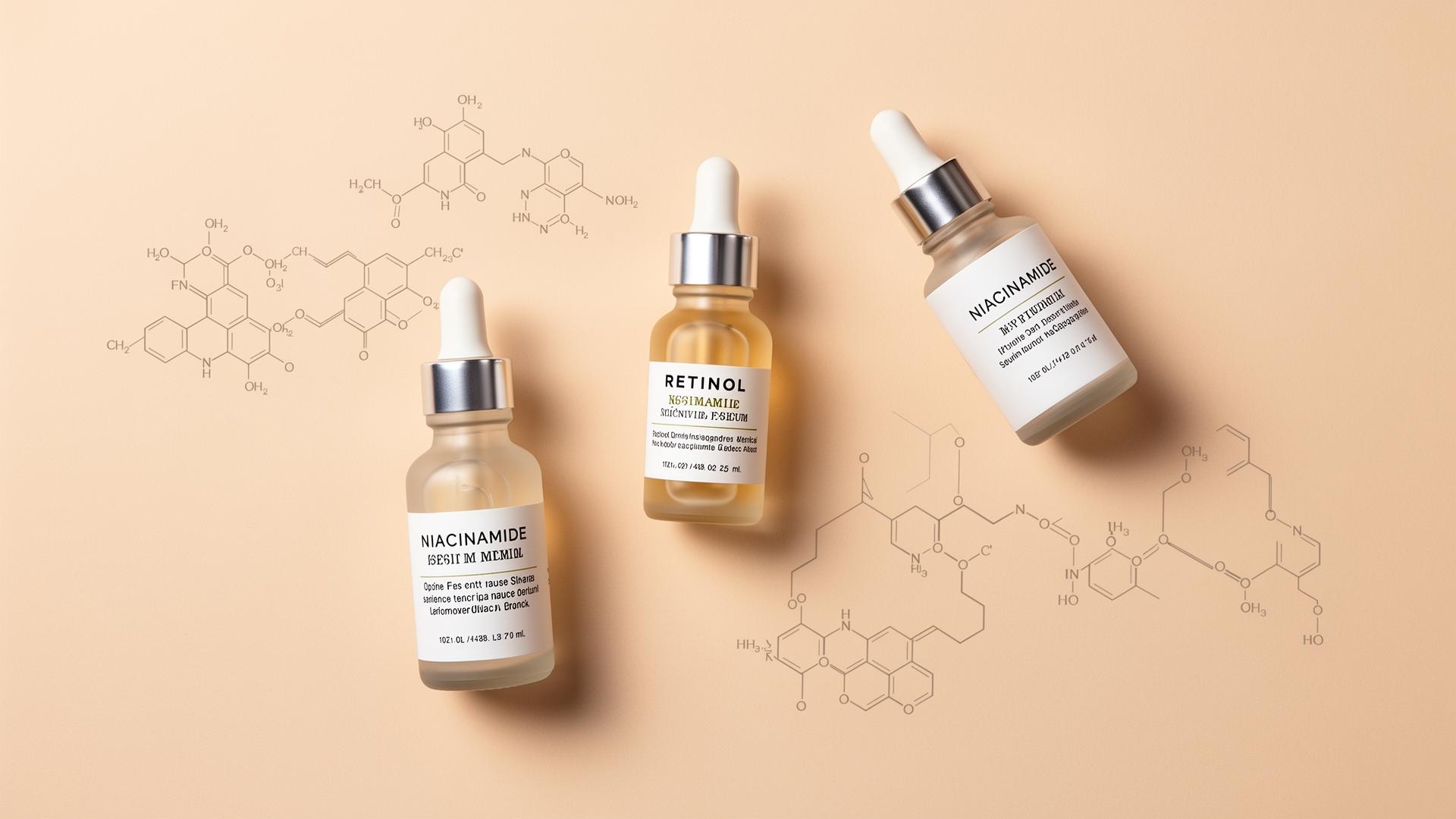 Niacinamide and Retinol skincare bottles with molecular structures