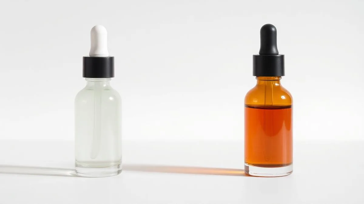 Fresh clear vitamin C serum next to an oxidised orange vitamin C serum showing degradation