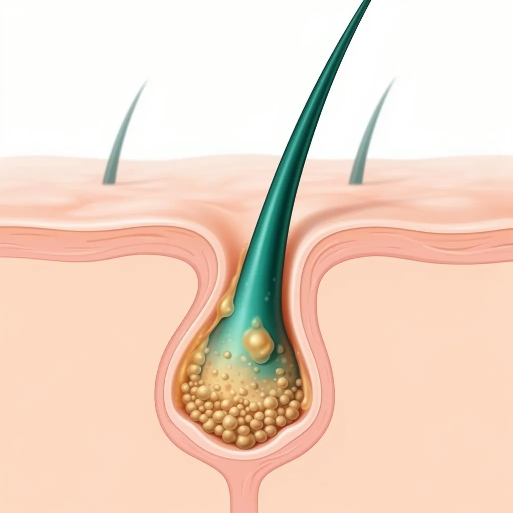 Cross-section diagram of a clogged pore showing sebum and dead skin cells trapped inside a hair follicle