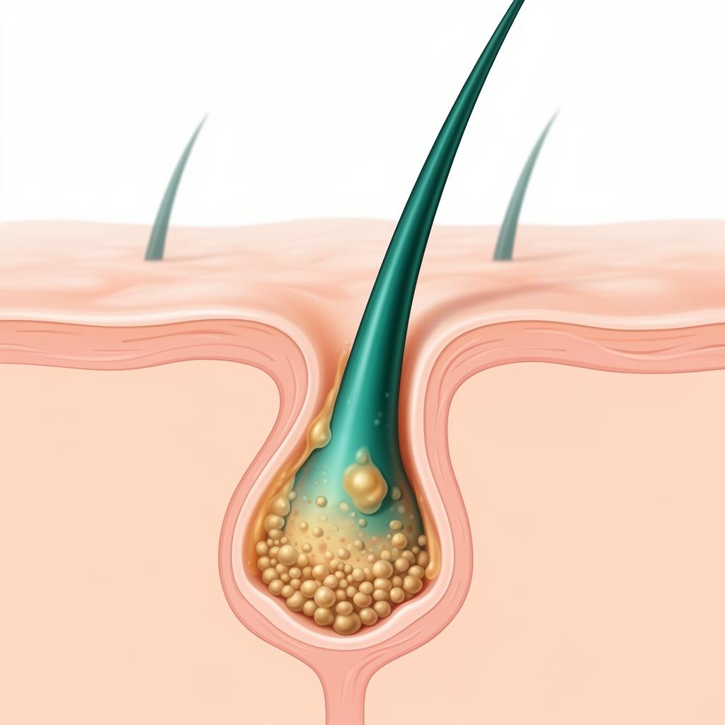 Cross-section diagram of a clogged pore showing sebum and dead skin cells trapped inside a hair follicle