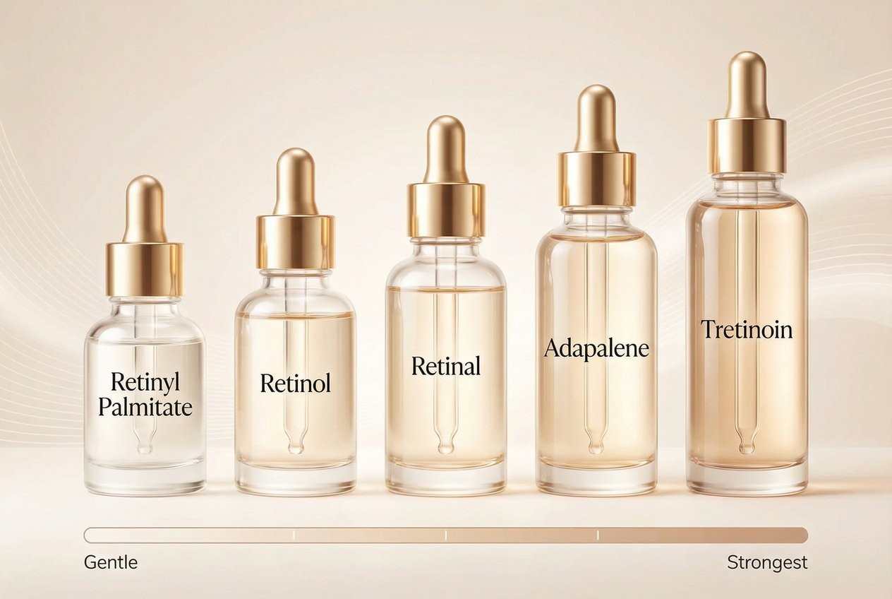 Comparison of retinoid types from gentlest to strongest: Retinyl Palmitate, Retinol, Retinaldehyde, Adapalene, and Tretinoin