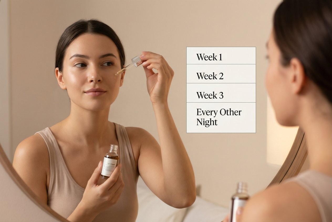 Beginner retinol schedule showing weekly frequency increase from Week 1 to every other night