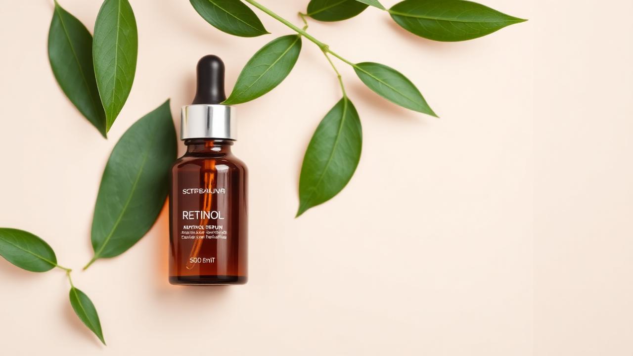 Amber dropper bottle of retinol serum with green leaves on a soft beige background