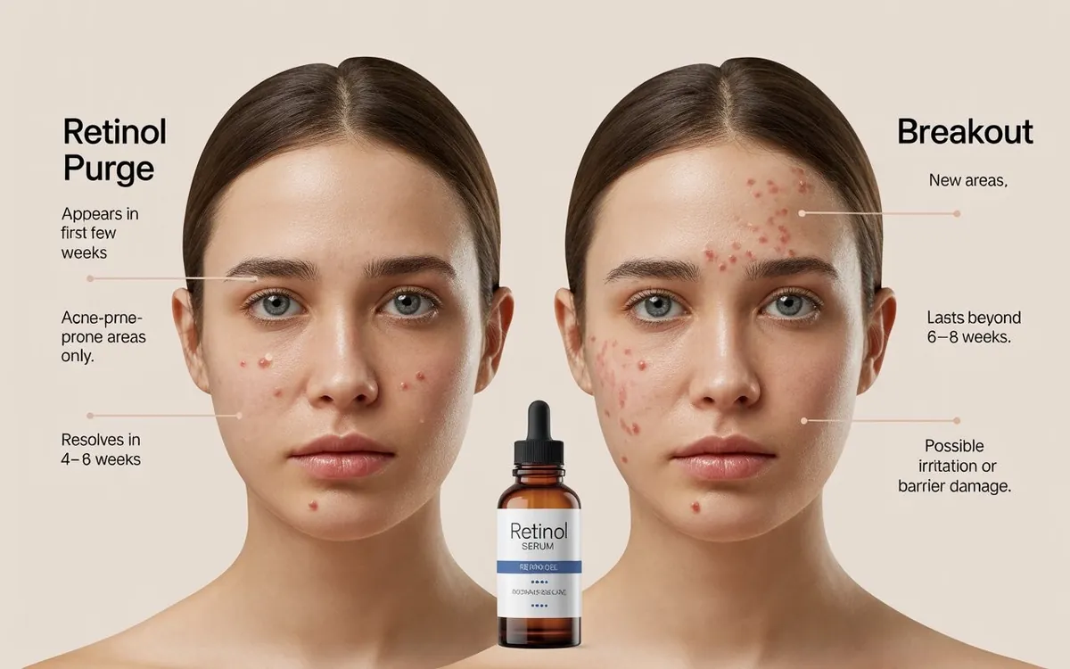 Retinol purge vs breakout comparison — purge appears in acne-prone areas within first weeks and resolves in 4-6 weeks, breakouts appear in new areas and persist beyond 6-8 weeks