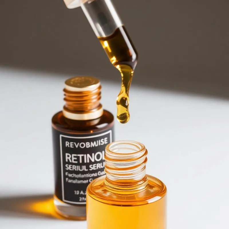 Retinol serum bottle with dropper showing golden liquid