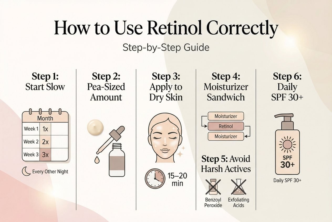 How to use retinol correctly — step-by-step infographic showing start slow, pea-sized amount, dry skin, moisturizer sandwich, avoid harsh actives, and daily SPF 30+