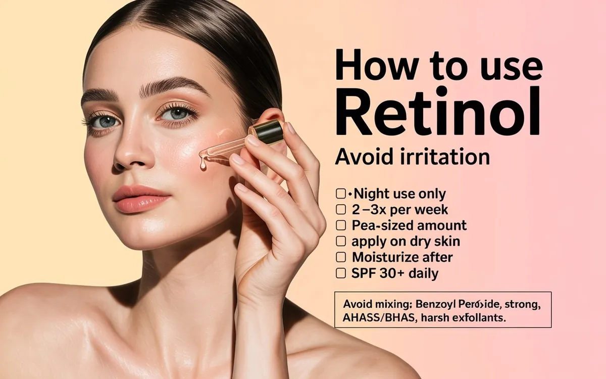 How to use retinol properly — night use, 2-3 times per week, pea-sized amount, apply on dry skin, moisturize after, and wear SPF 30+ daily