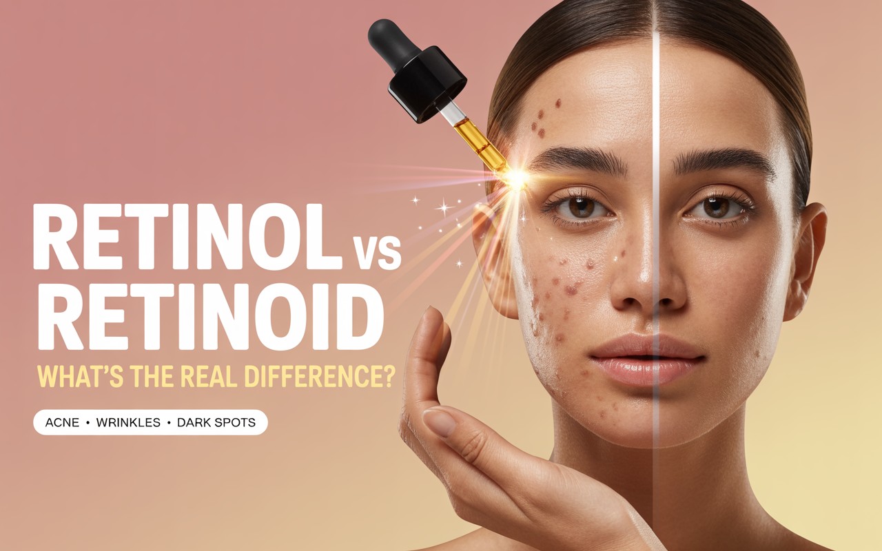 Retinol vs Retinoid comparison — understanding the difference between over-the-counter retinol and prescription retinoids for acne, wrinkles, and dark spots