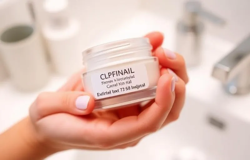 Hands holding a skincare cream jar checking the expiration date and PAO symbol on the label