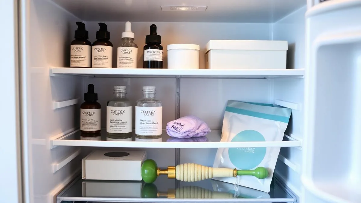 Open skincare fridge interior showing serums and sheet masks organised on shelves