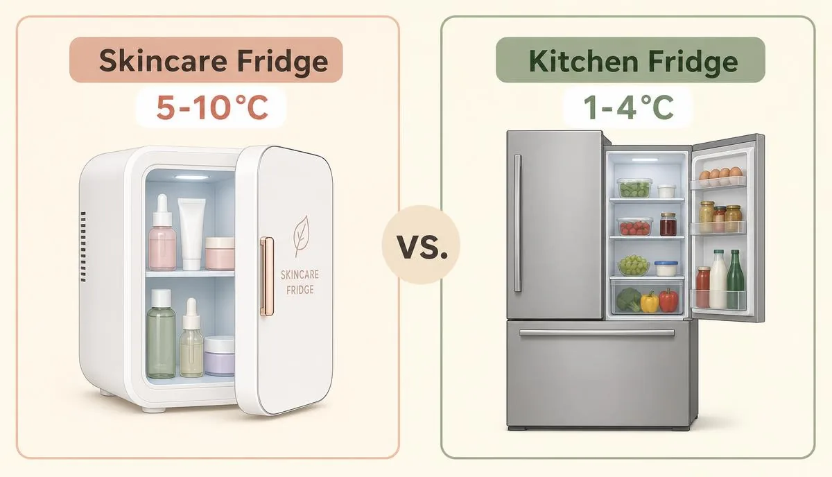 Temperature comparison between a skincare fridge at 5-10C and a kitchen refrigerator at 1-4C