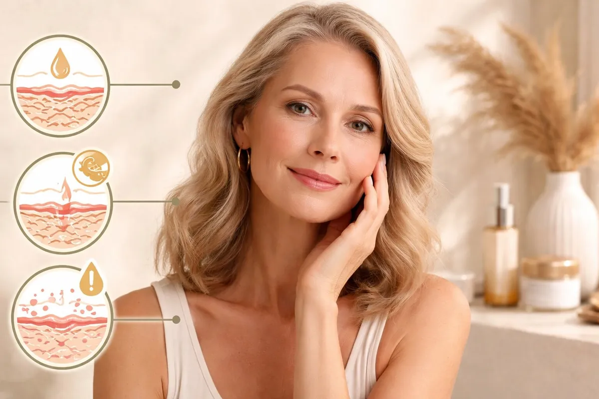 Hydration layering strategy infographic showing serum, moisturizer, and SPF application steps