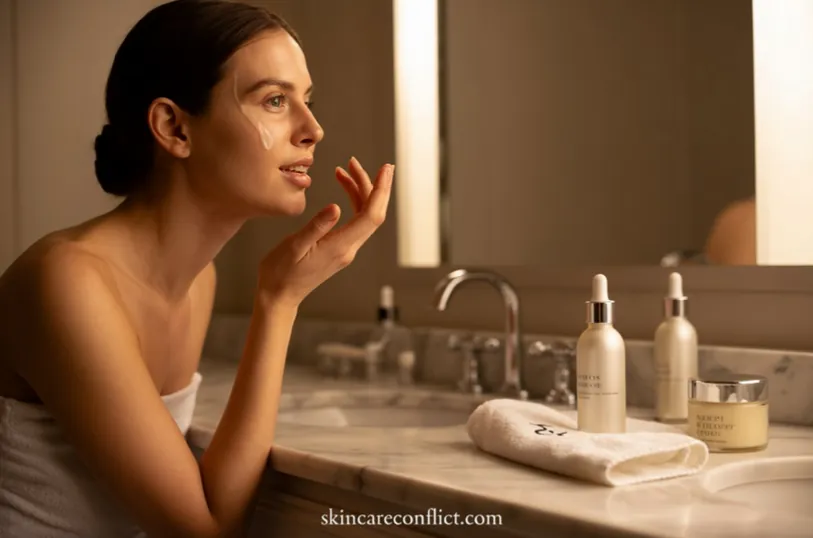 Woman applying skincare serum in front of bathroom mirror