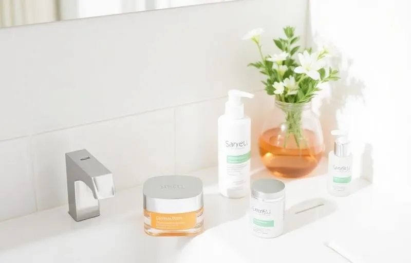 Sunscreen bottle and skincare products arranged on a clean bathroom counter for daily sun protection routine