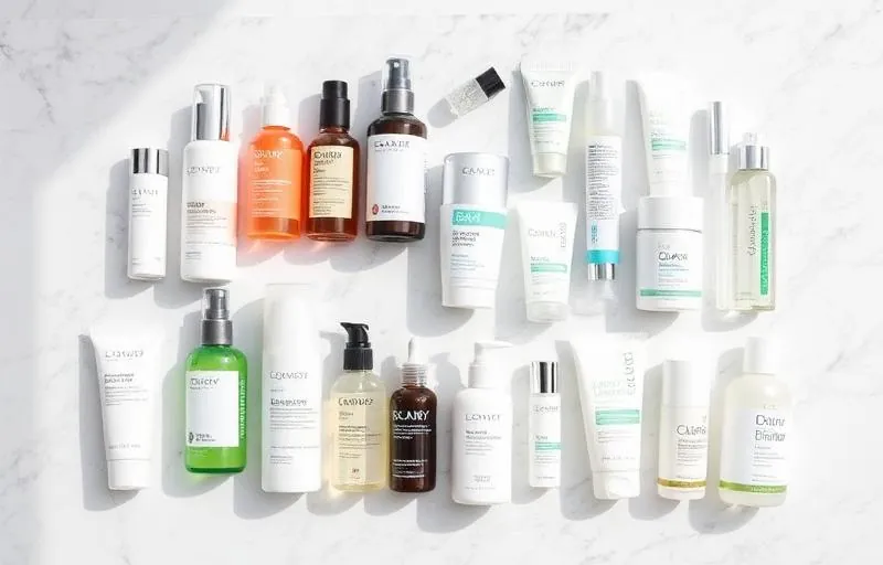 Flat lay of numerous skincare bottles and tubes on marble surface showing too many products in a routine