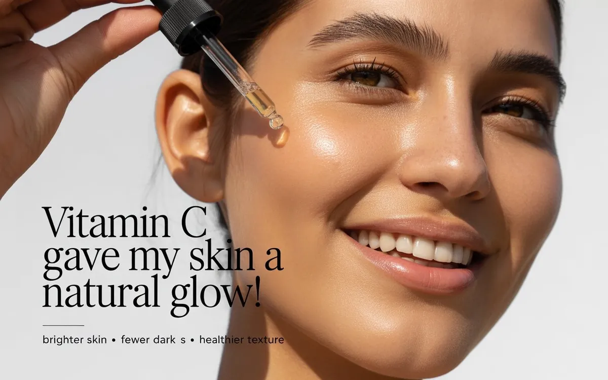 Before and after comparison showing vitamin C skin benefits including reduced dark spots, brighter tone, and smoother skin
