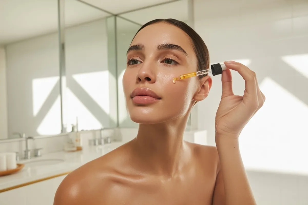 Woman applying vitamin C serum on face using correct patting technique — step-by-step skincare application guide