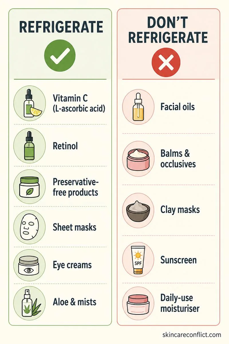 Chart showing which skincare products to refrigerate and which to store at room temperature