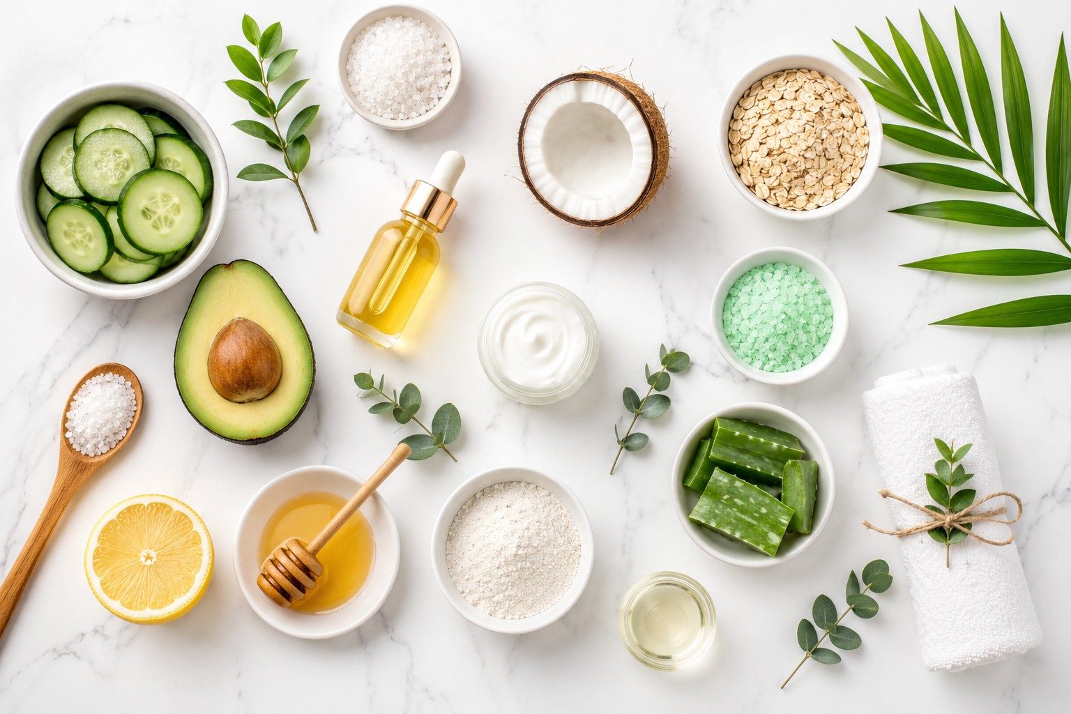 A flat lay photograph of natural skincare ingredients including cucumber, avocado, coconut, oats, aloe vera, honey, lemon and oils on white marble