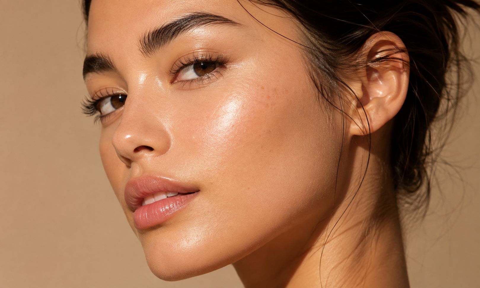 Close-up of a woman's face with a natural dewy glow from self-tanner, no sun damage