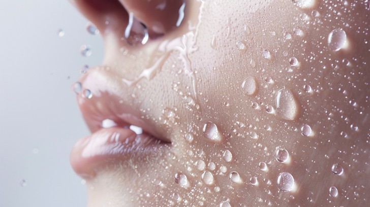 Close-up of hydrated dewy skin with water droplets showing a healthy summer glow