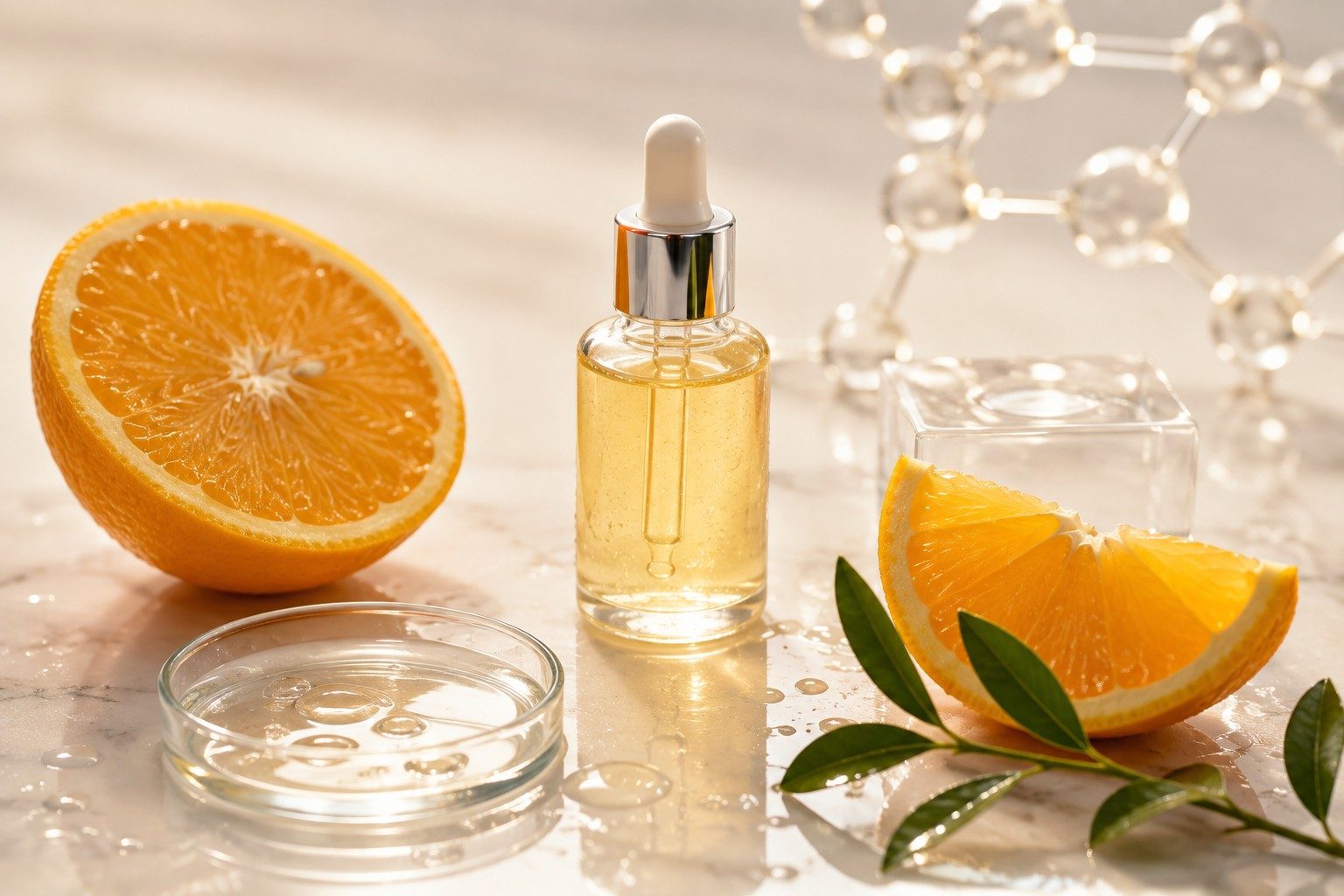 A dropper bottle of vitamin C serum surrounded by orange slices, a petri dish with liquid and a molecular structure model