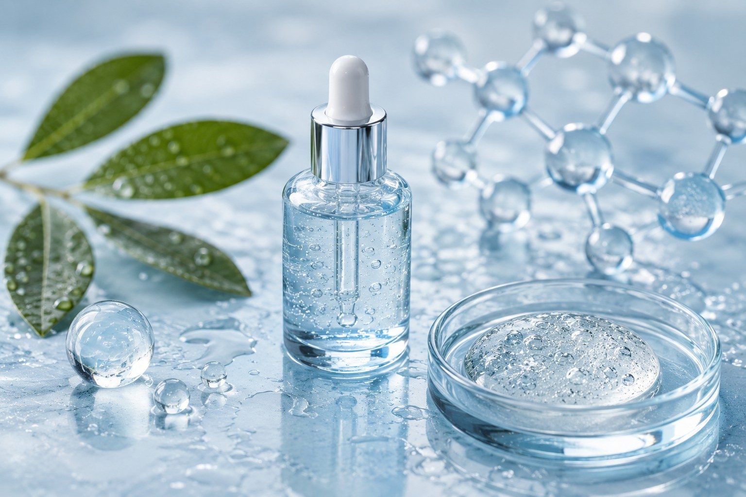 A dropper bottle of clear hyaluronic acid serum, a glass dish of gel and a molecular structure model on a reflective surface with green leaves