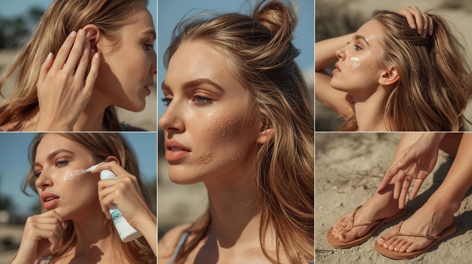 Woman applying broad-spectrum sunscreen to face, hairline, ears and tops of feet