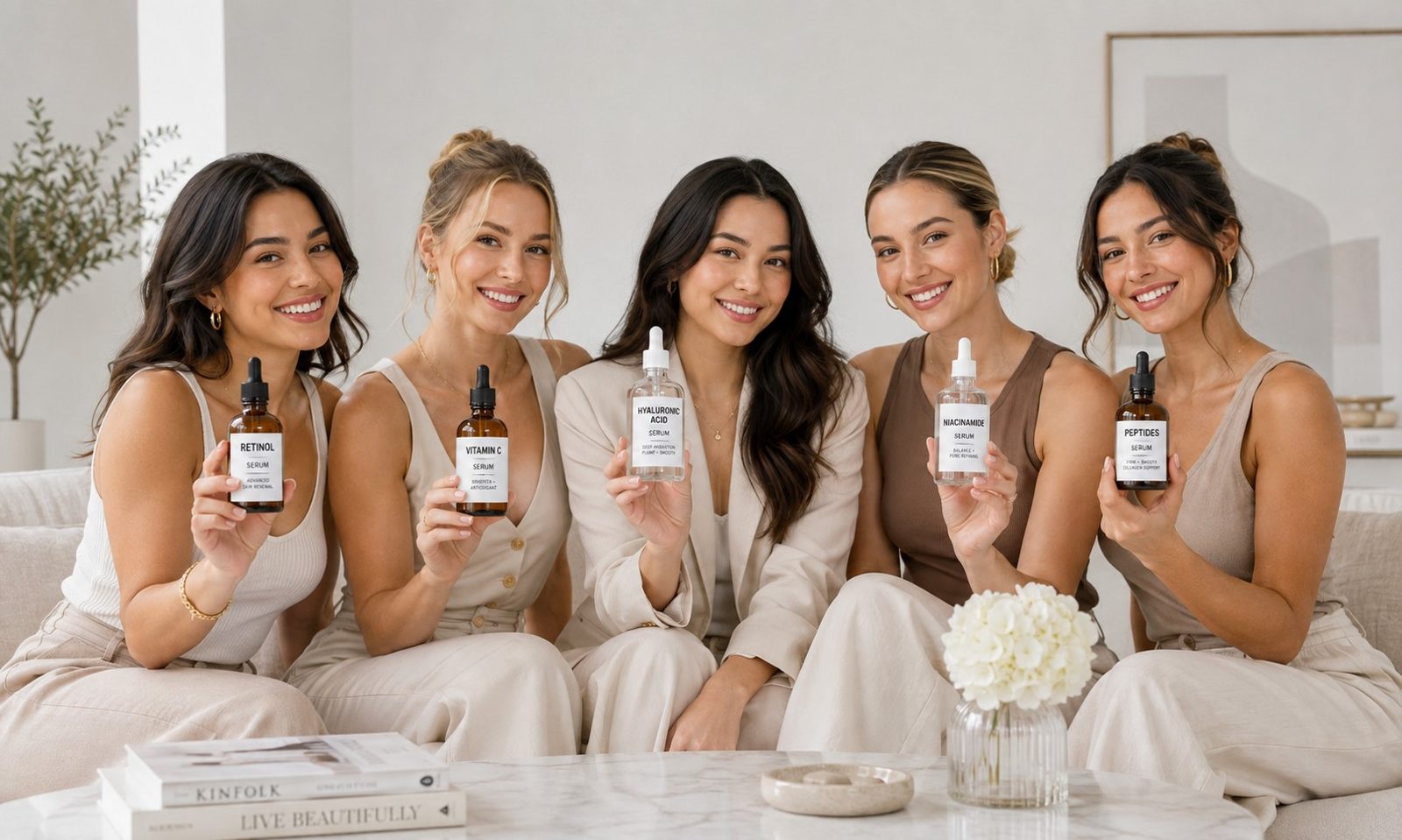 Five women sitting together, each holding a different skincare serum bottle